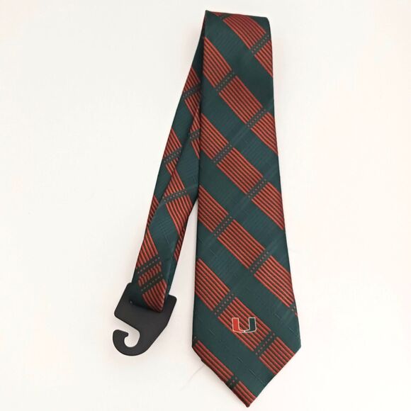 NWT Univ of Miami Woven Plaid Tie Eagles Wings Green/Orange 4" - Picture 4 of 8
